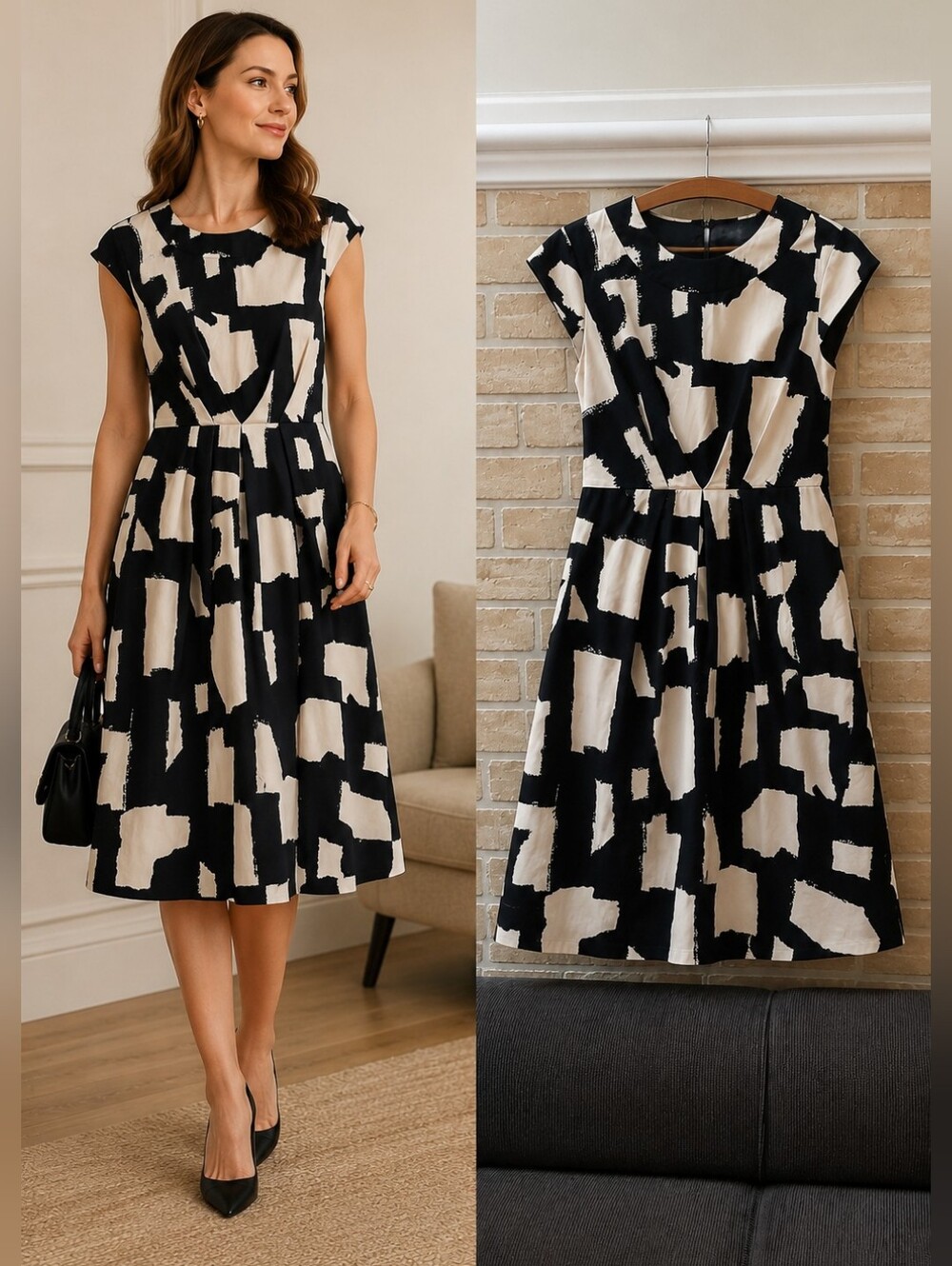Kate Spade New York Graphic Abstract Print Dress Size 10 Black Cream Fit & Flare